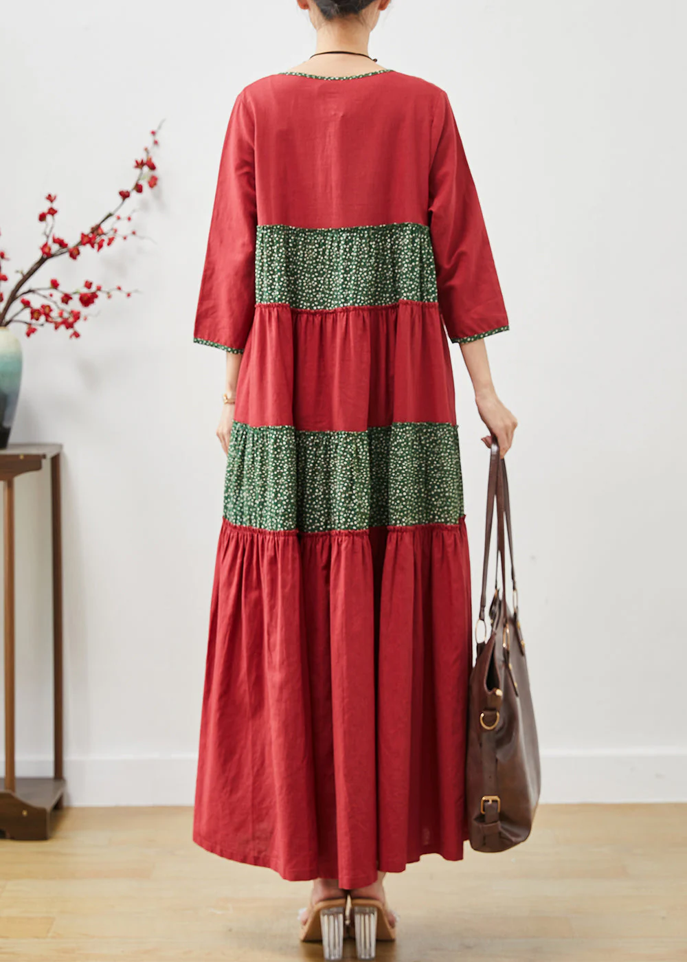 Handmade Red Oversized Patchwork Cotton Dress Summer - Image 4