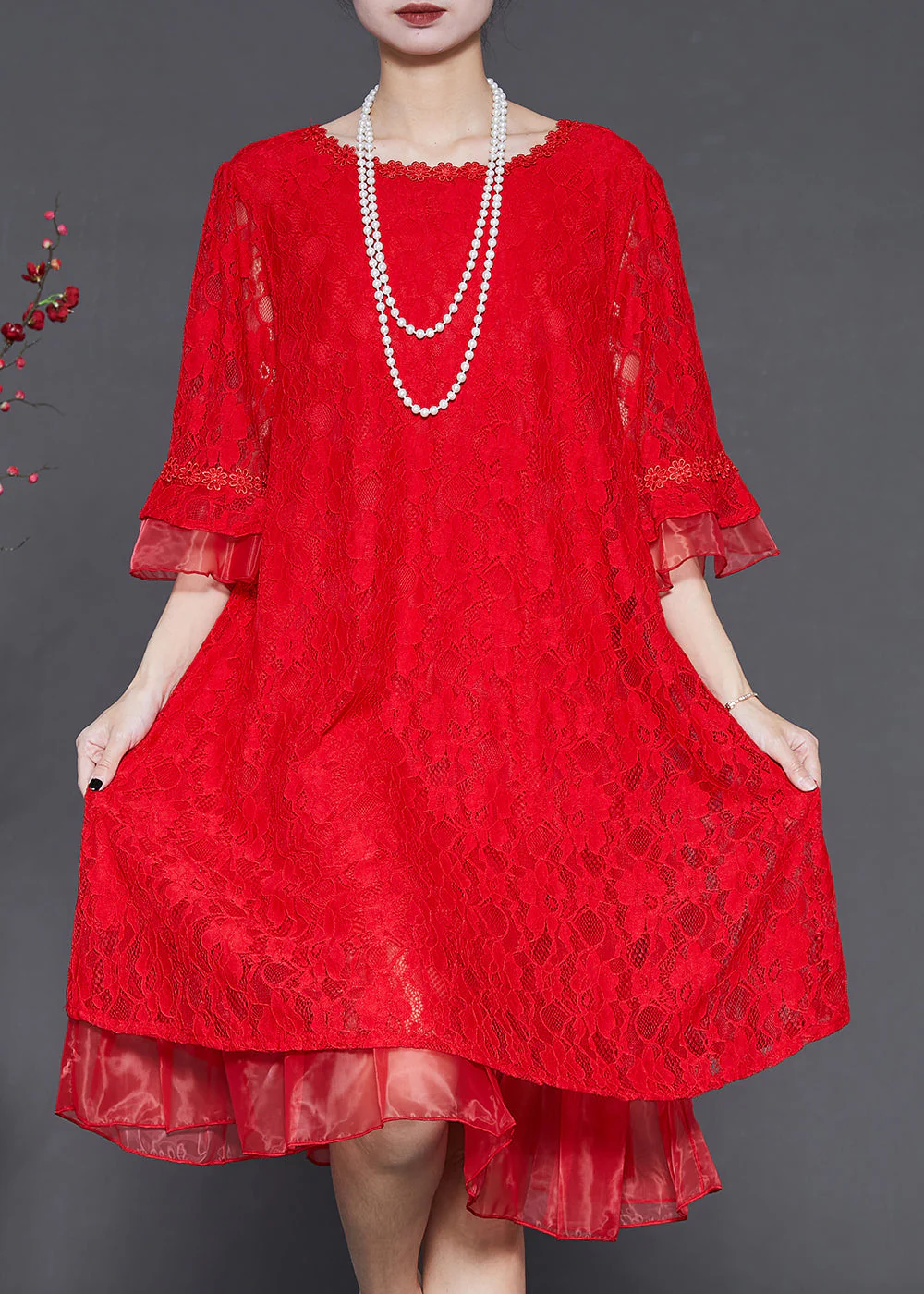 Handmade Red Oversized Patchwork Lace Mid Dress Flare Sleeve - Image 2