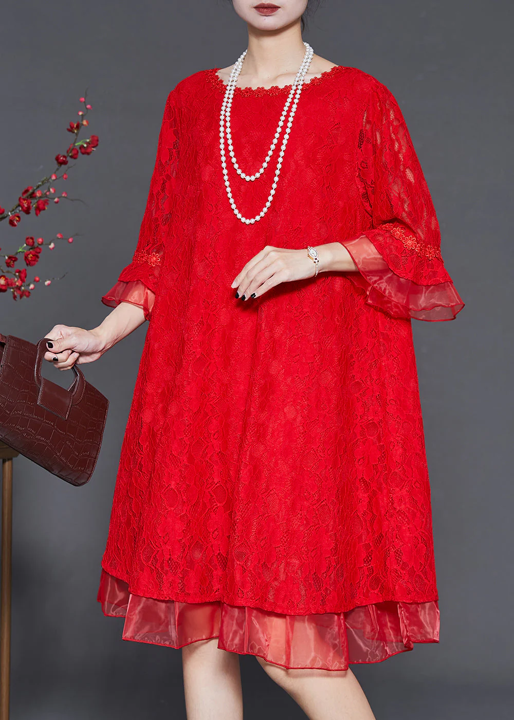Handmade Red Oversized Patchwork Lace Mid Dress Flare Sleeve - Image 3