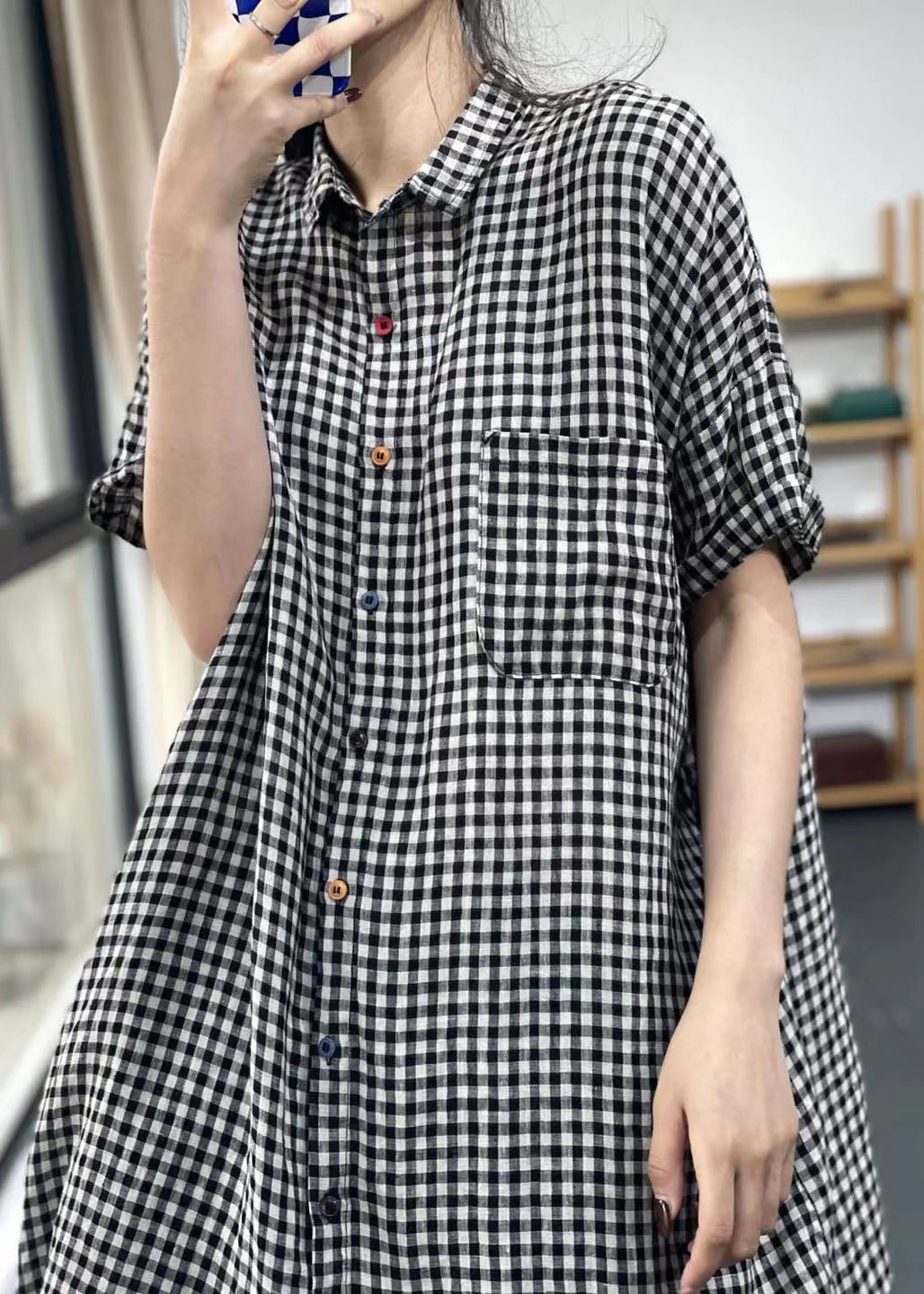 Handmade Red Peter Pan Collar Plaid Cotton Shirts Dress Summer - Image 4