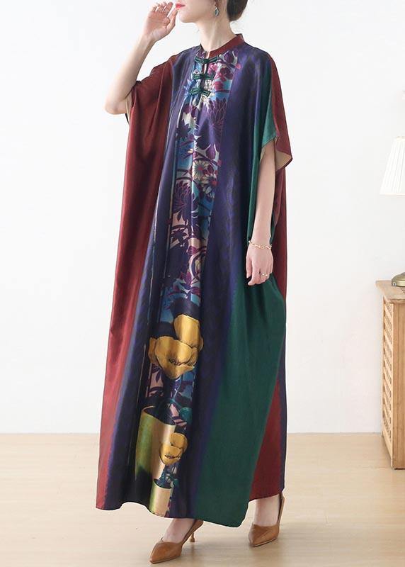 Handmade Red Purple Green Print Chiffon Dress Loose Summer Dress - Image 2