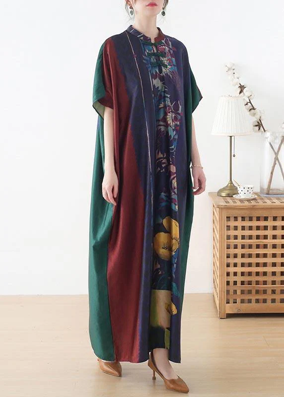 Handmade Red Purple Green Print Chiffon Dress Loose Summer Dress - Image 3