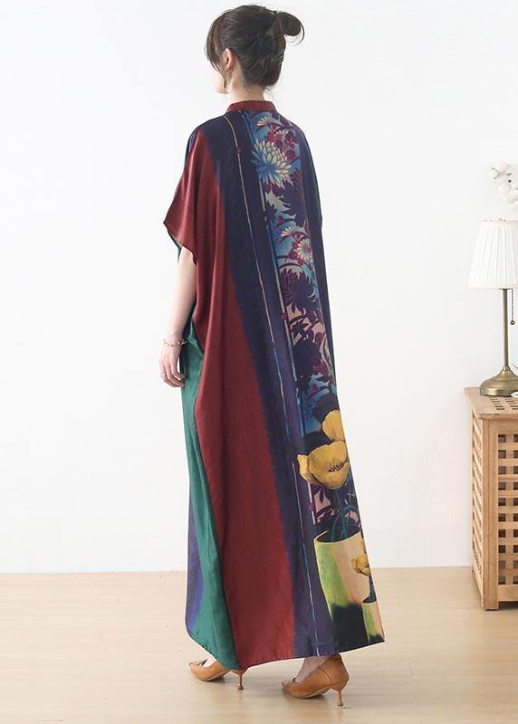 Handmade Red Purple Green Print Chiffon Dress Loose Summer Dress - Image 4