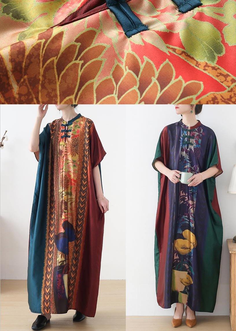 Handmade Red Purple Green Print Chiffon Dress Loose Summer Dress - Image 5