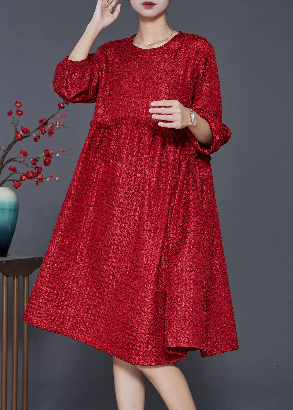 Handmade Red Ruffled Jacquard Spandex Dresses Half Sleeve - Image 2