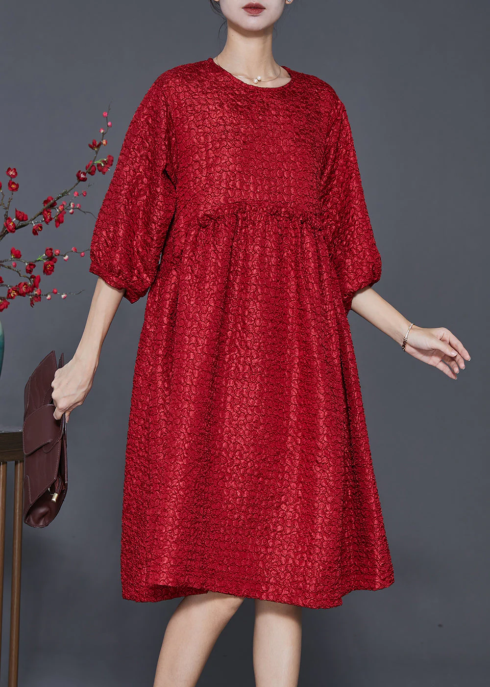 Handmade Red Ruffled Jacquard Spandex Dresses Half Sleeve - Image 3