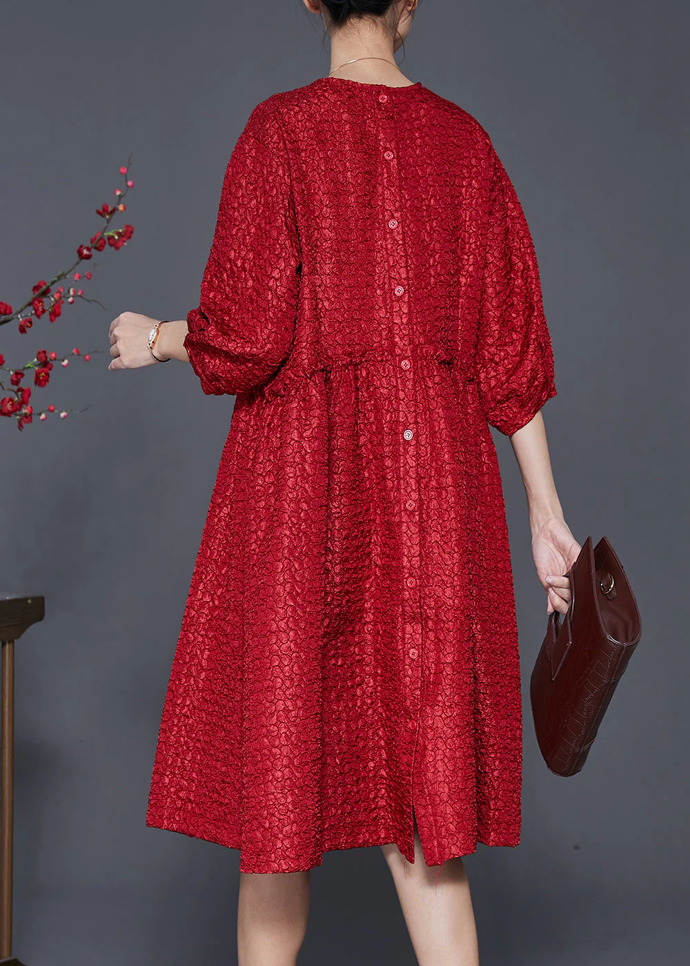 Handmade Red Ruffled Jacquard Spandex Dresses Half Sleeve - Image 4