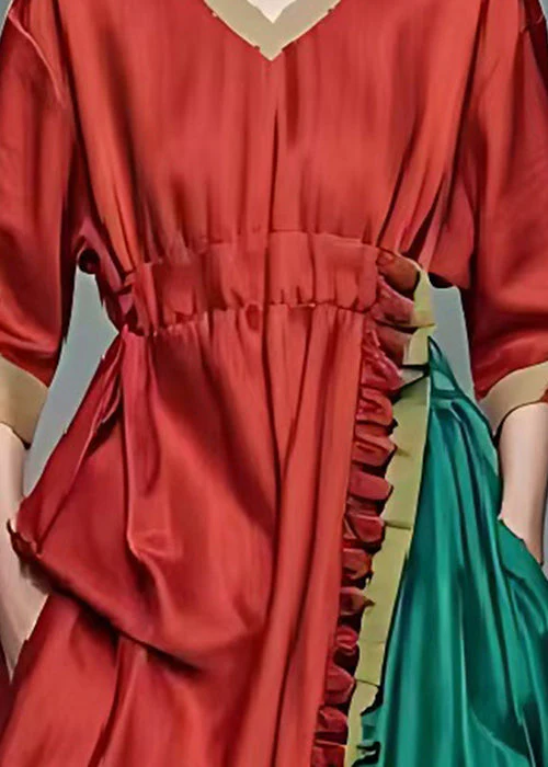 Handmade Red Ruffled Patchwork Cotton Long Dress Summer - Image 3