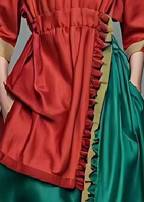 Handmade Red Ruffled Patchwork Cotton Long Dress Summer - Image 4