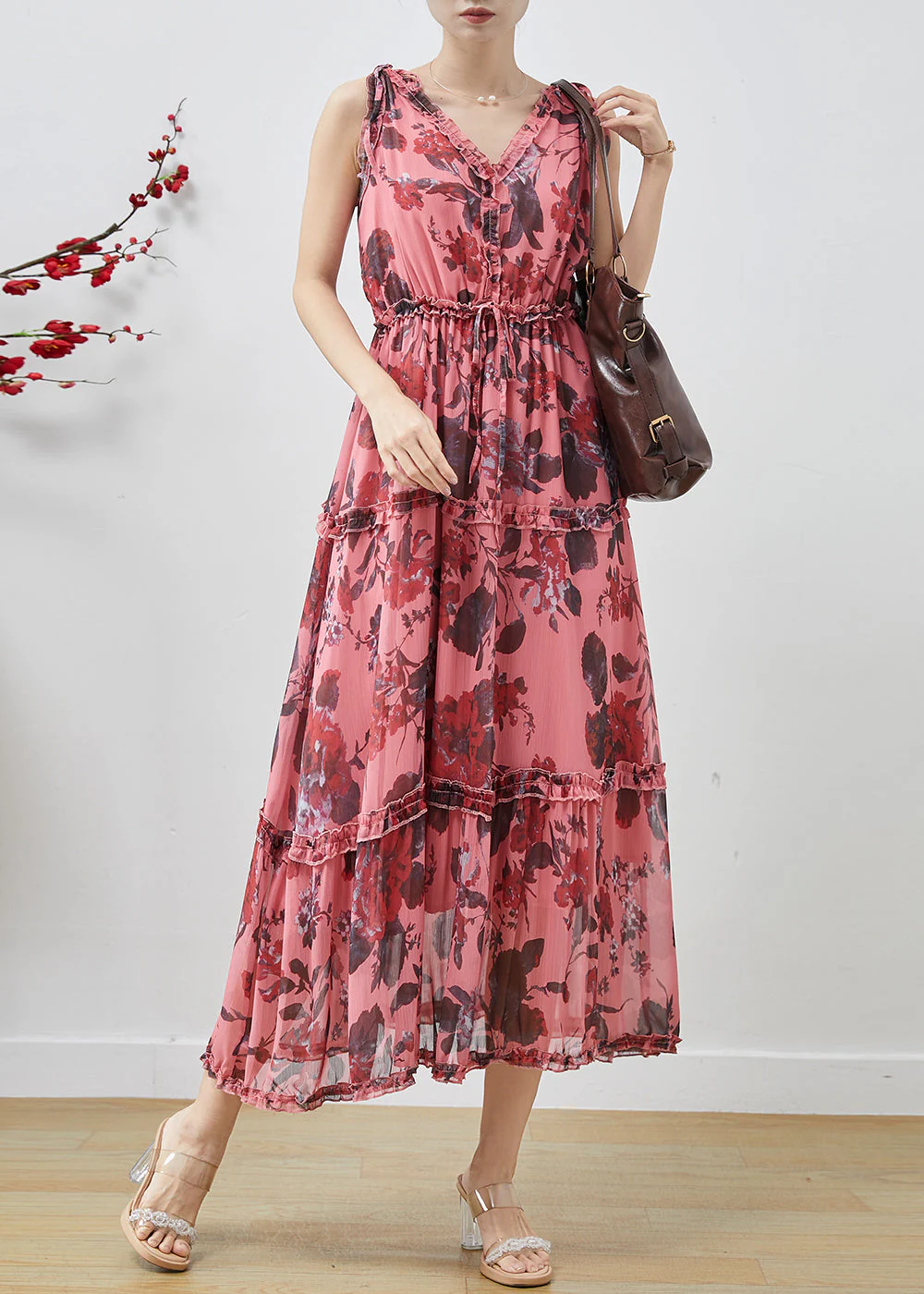Handmade Red Ruffled Print Chiffon Long Dress Sleeveless - Image 2