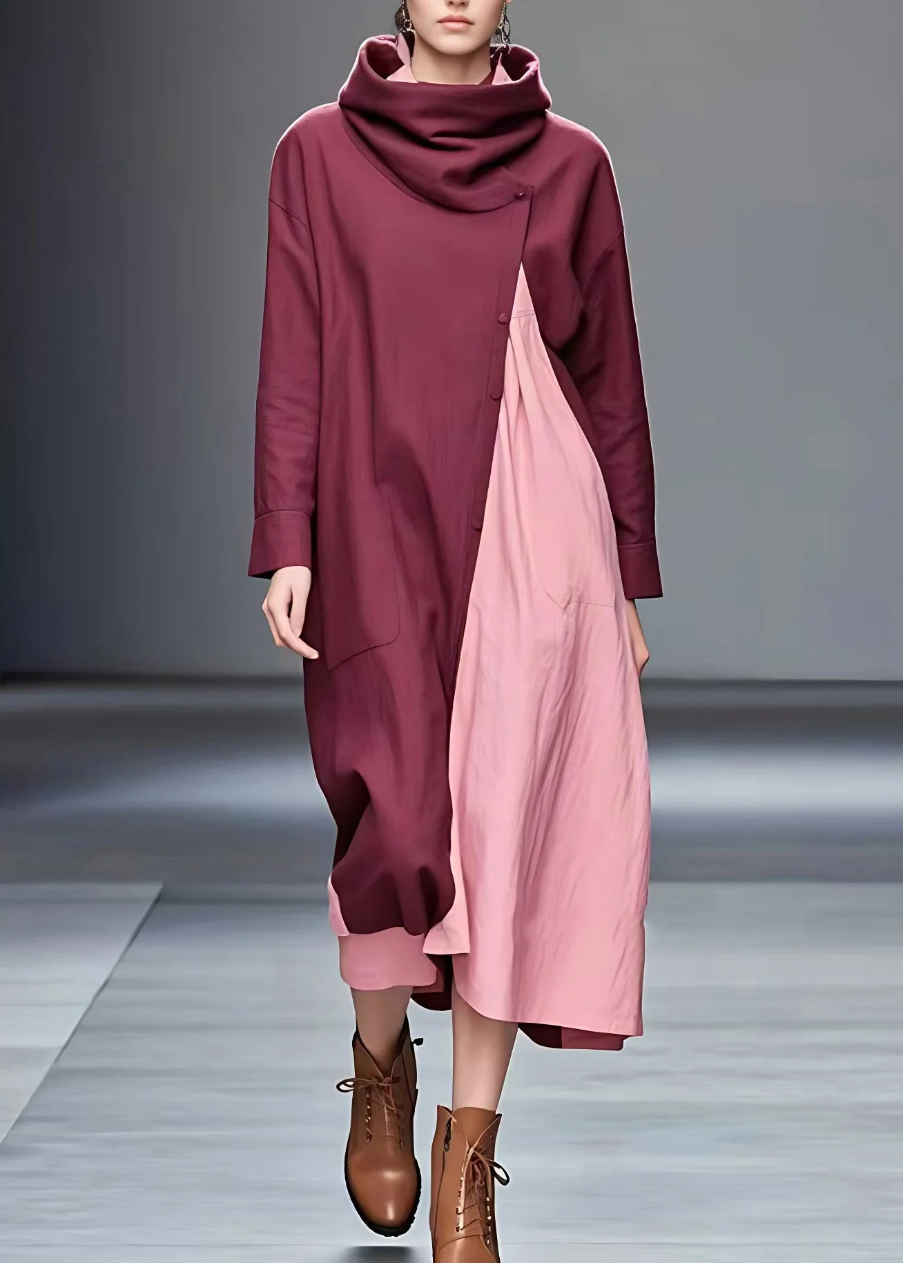 Handmade Red Turtleneck Patchwork Button Maxi Dresses Long Sleeve - Image 2