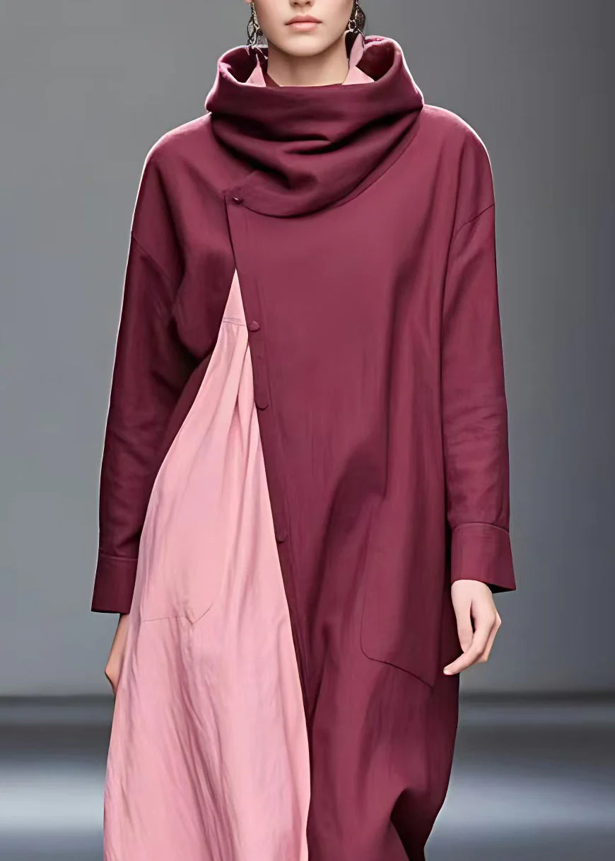 Handmade Red Turtleneck Patchwork Button Maxi Dresses Long Sleeve - Image 3