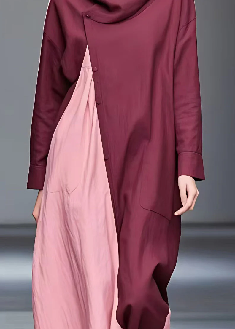 Handmade Red Turtleneck Patchwork Button Maxi Dresses Long Sleeve - Image 4