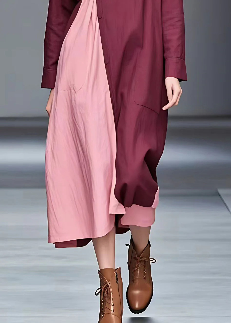 Handmade Red Turtleneck Patchwork Button Maxi Dresses Long Sleeve - Image 5