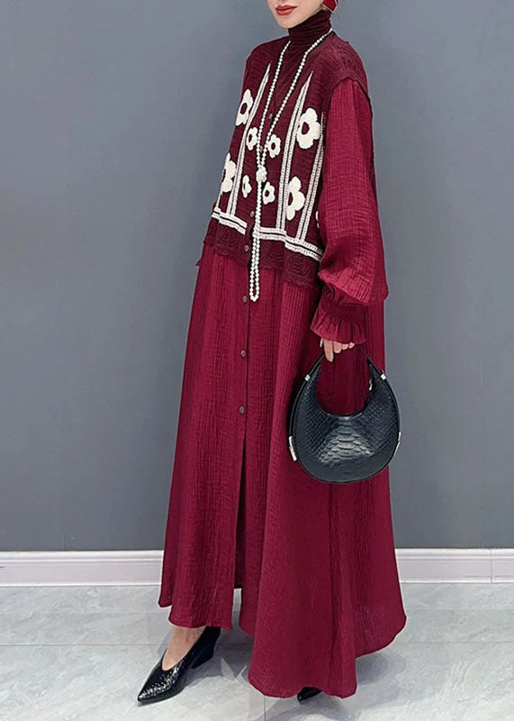Handmade Red Turtleneck Print Button Fake Two Pieces Knit Maxi Dress Long Sleeve - Image 3
