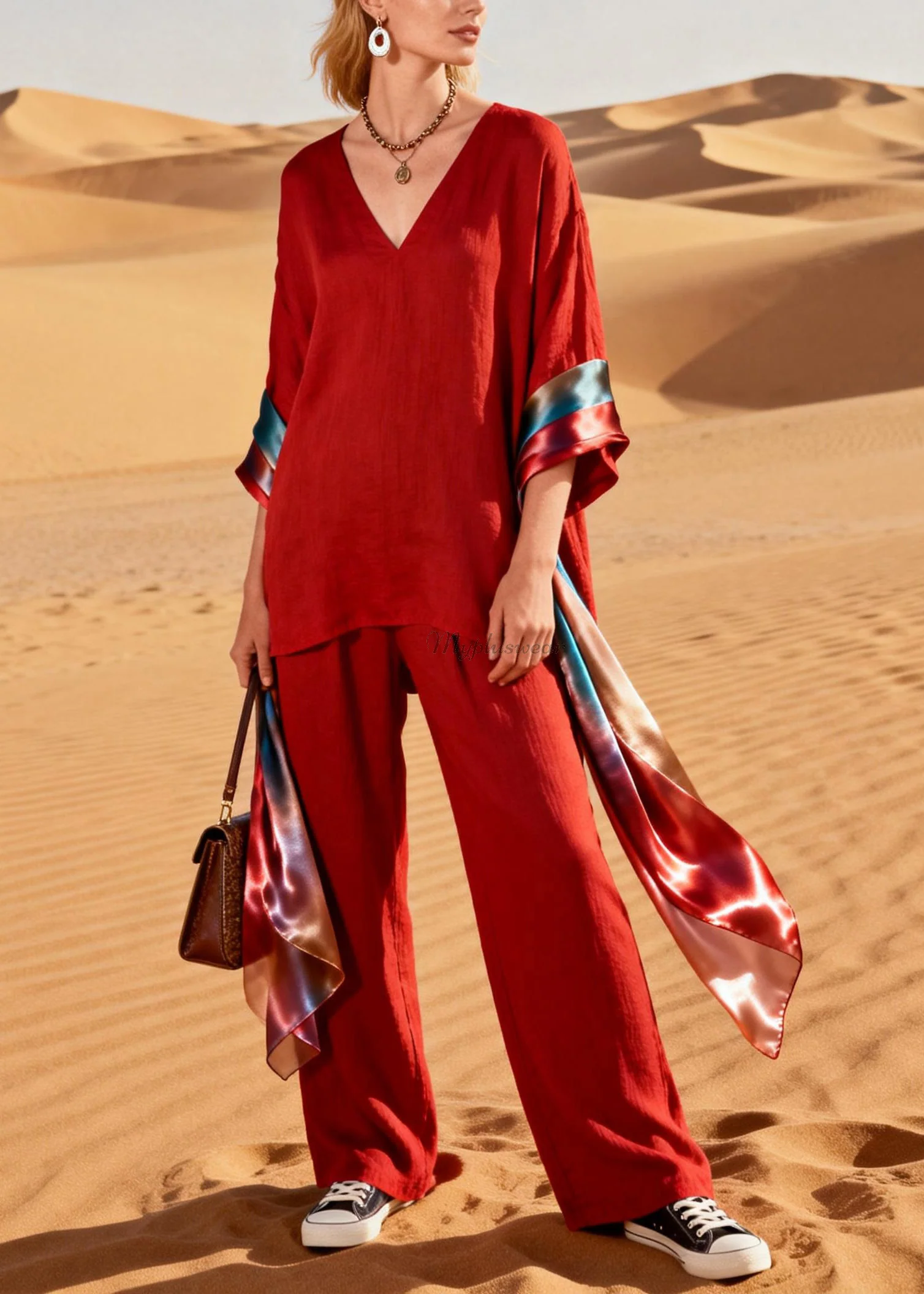 Handmade Red V Neck Patchwork Linen Silk Two Piece Set Women Clothing Summer - Image 3