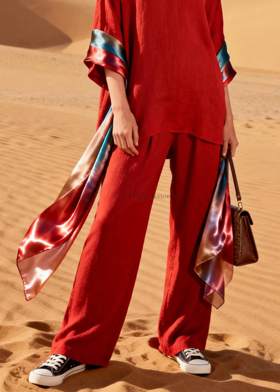 Handmade Red V Neck Patchwork Linen Silk Two Piece Set Women Clothing Summer - Image 4