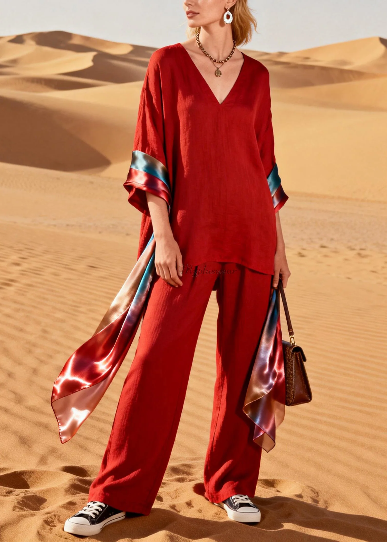 Handmade Red V Neck Patchwork Linen Silk Two Piece Set Women Clothing Summer - Image 5