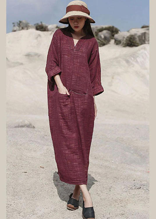 Handmade Red V Neck side open Cotton Dresses Spring - Image 3