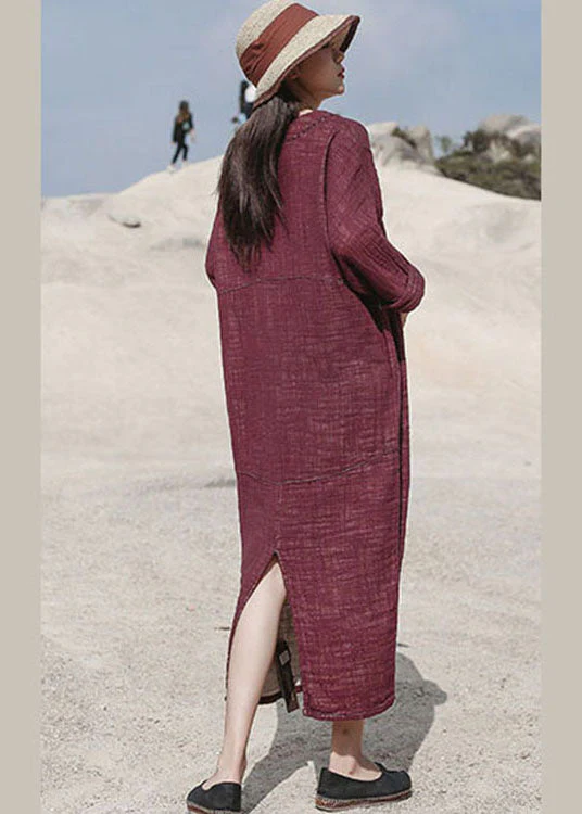 Handmade Red V Neck side open Cotton Dresses Spring - Image 4