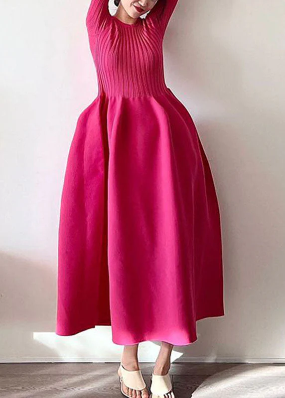 Handmade Rose O-Neck Knit Patchwork Fake Two Pieces Maxi Dress Short Sleeve - Image 2