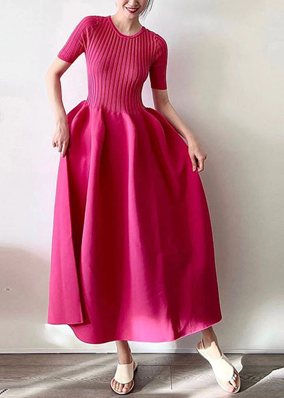 Handmade Rose O-Neck Knit Patchwork Fake Two Pieces Maxi Dress Short Sleeve - Image 3