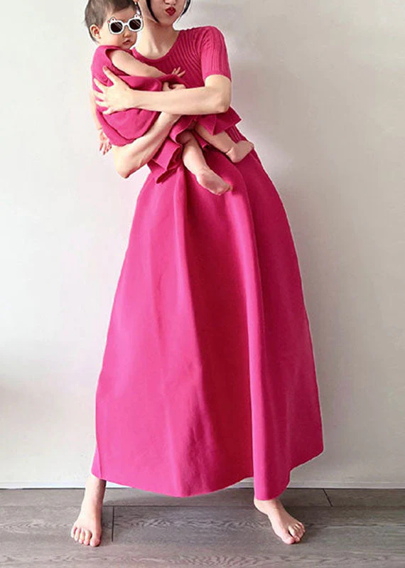 Handmade Rose O-Neck Knit Patchwork Fake Two Pieces Maxi Dress Short Sleeve - Image 4