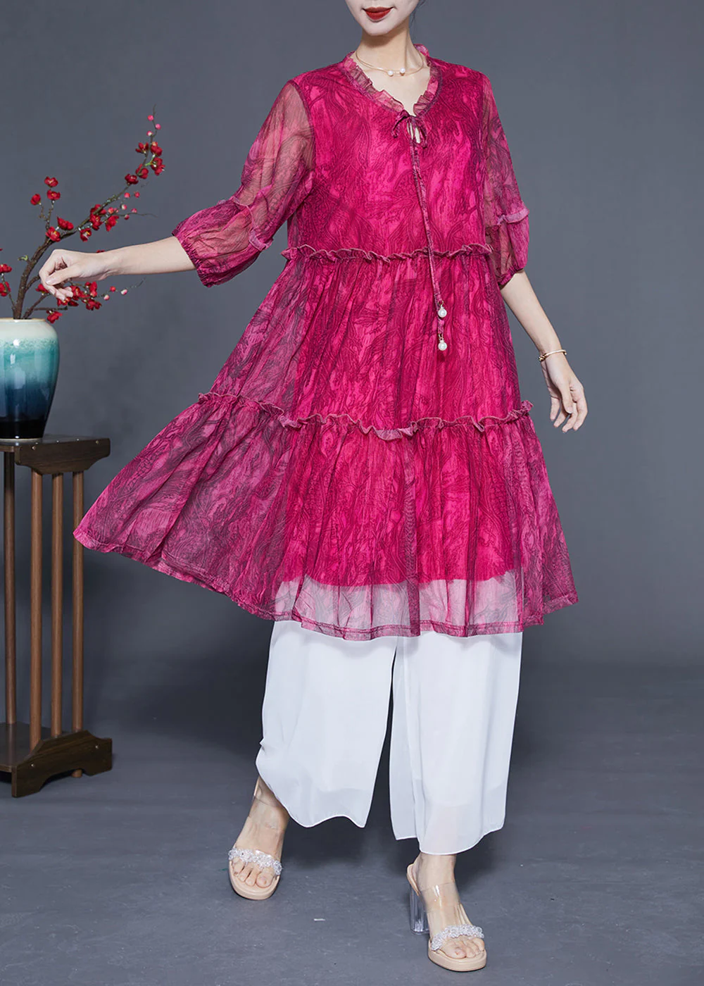 Handmade Rose Ruffled Exra Large Hem Chiffon Party Dress Half Sleeve - Image 4