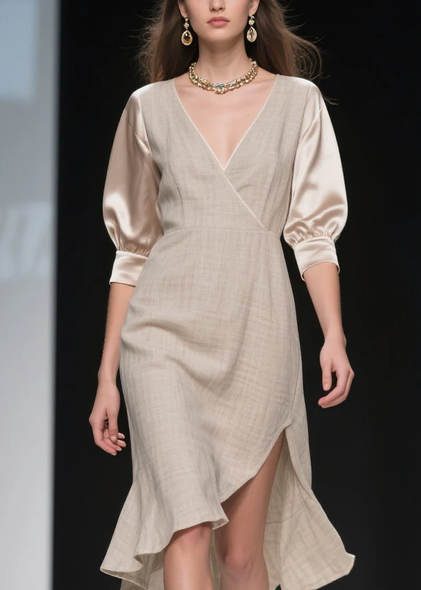 Handmade Side Open Asymmetrical Design Patchwork Linen Silk Dress Summer - Image 2