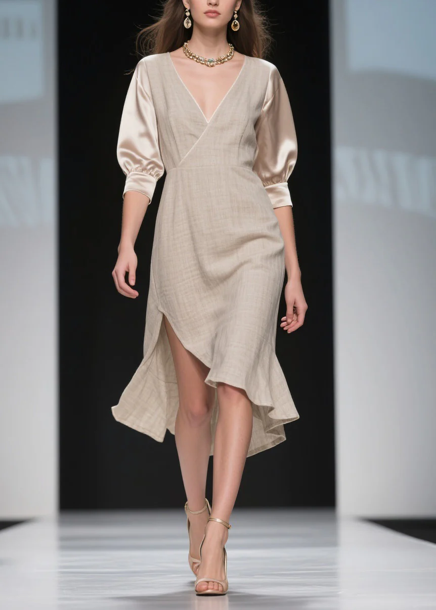 Handmade Side Open Asymmetrical Design Patchwork Linen Silk Dress Summer - Image 3