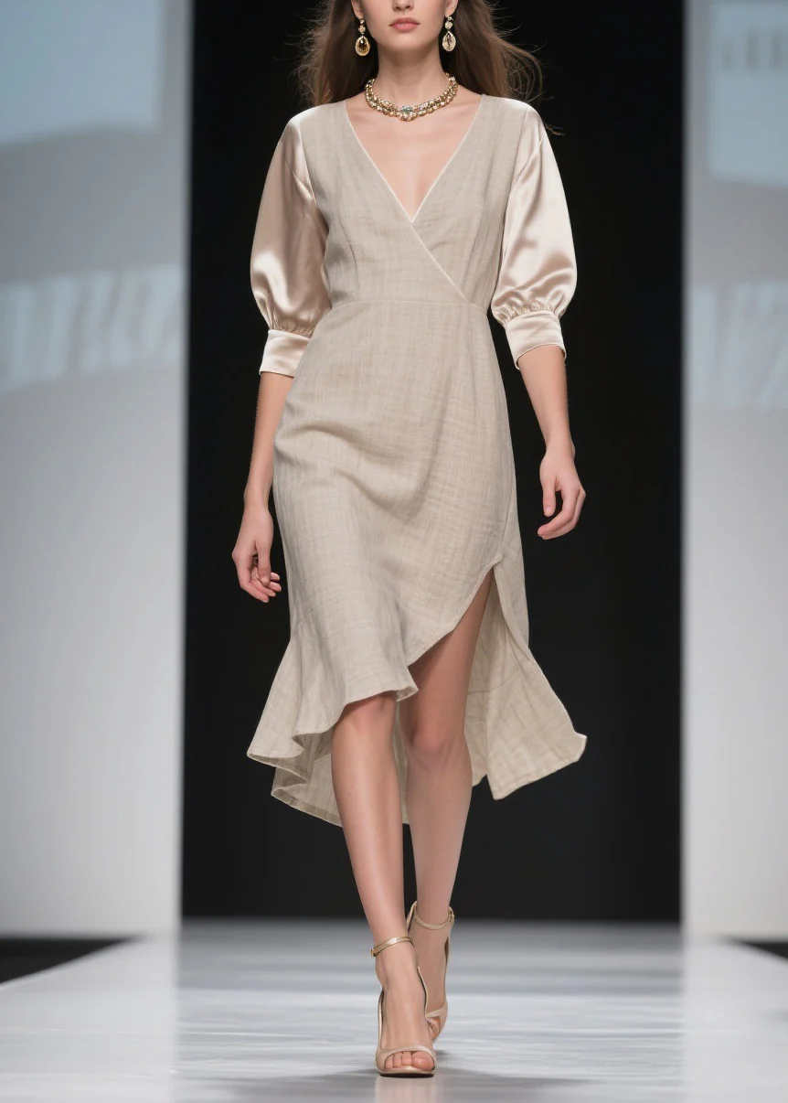 Handmade Side Open Asymmetrical Design Patchwork Linen Silk Dress Summer - Image 5