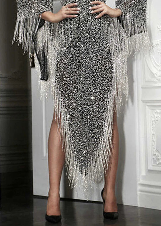 Handmade Silver Asymmetrical Tasseled Sequins Party Dress Batwing Sleeve - Image 4