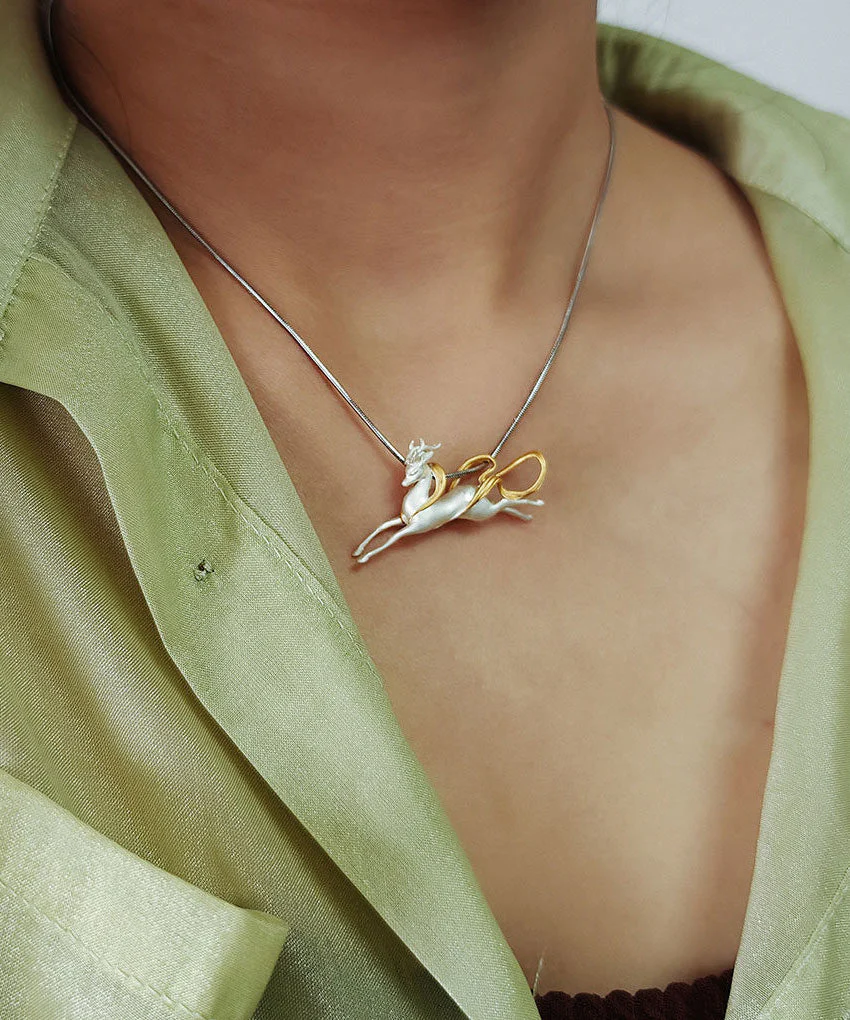 Handmade Silver Dunhuang Immortal Deer Pendant Necklace - Image 5