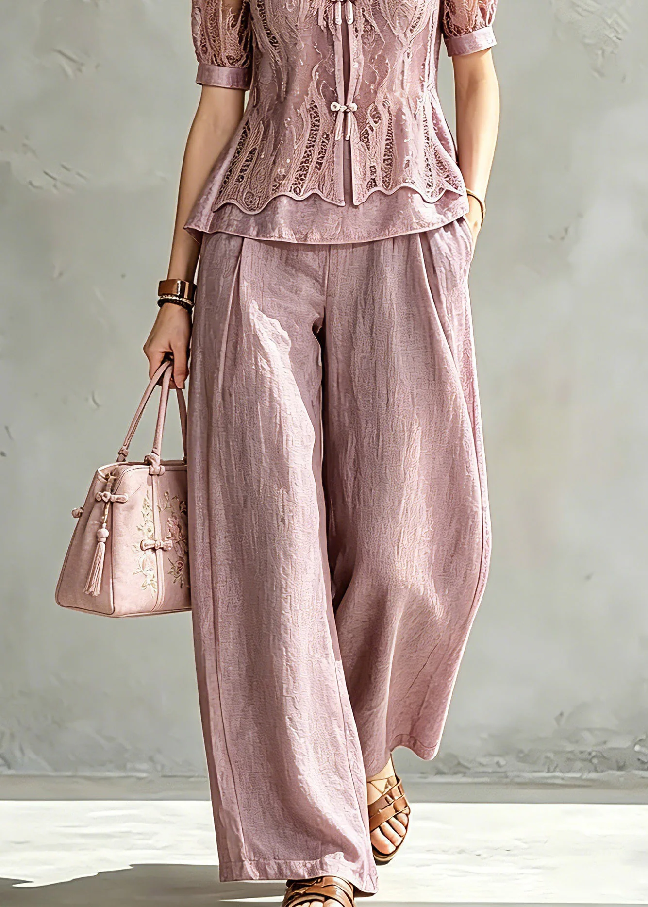 Handmade Stand Collar Lace Patchwork Chiffon Shirt And Wide Leg Pants Two Pieces Set Summer - Image 4