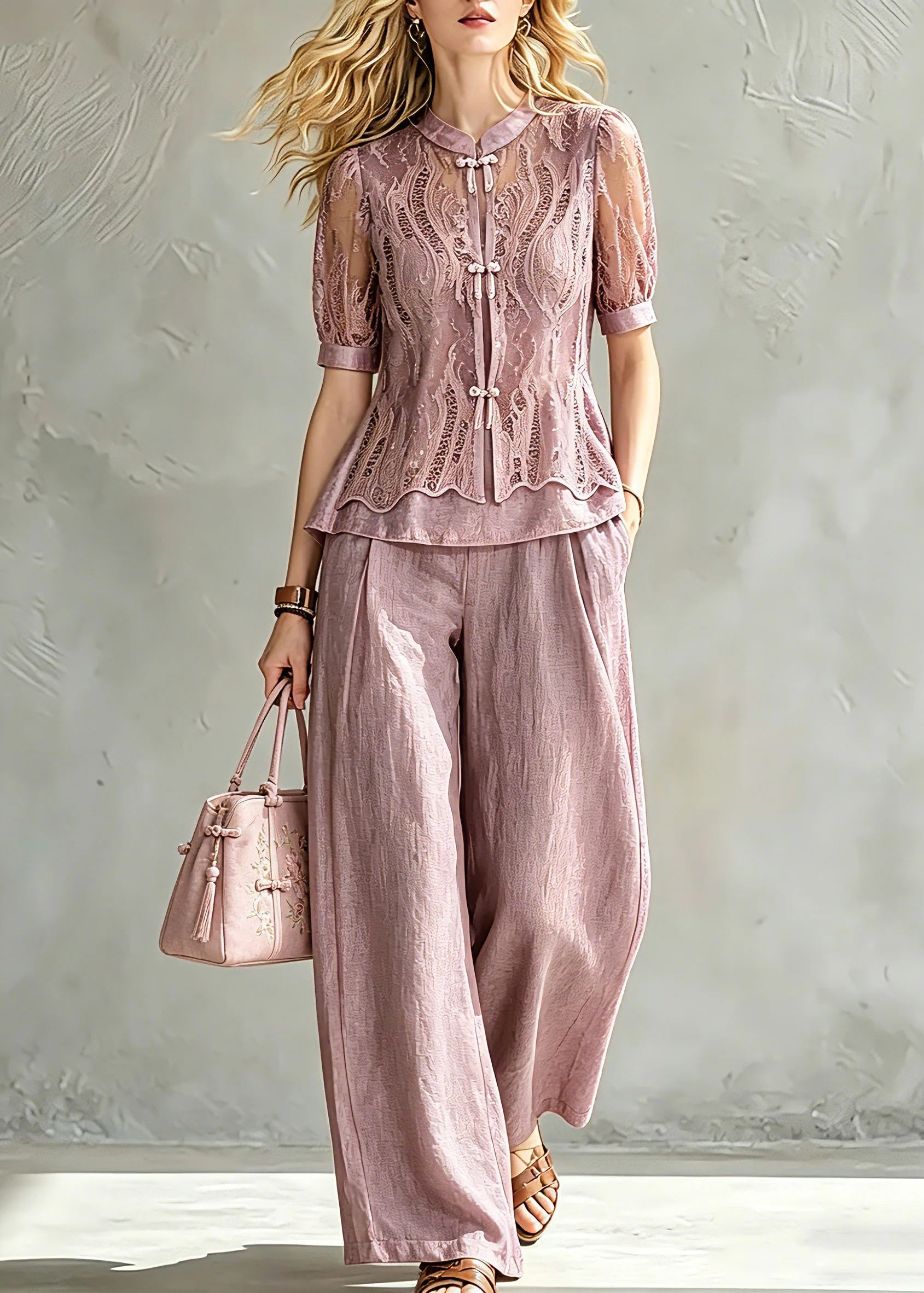 Handmade Stand Collar Lace Patchwork Chiffon Shirt And Wide Leg Pants Two Pieces Set Summer - Image 5