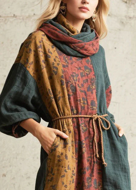 Handmade Tea Green Tunic Patchwork Cotton Holiday Dress Fall - Image 2