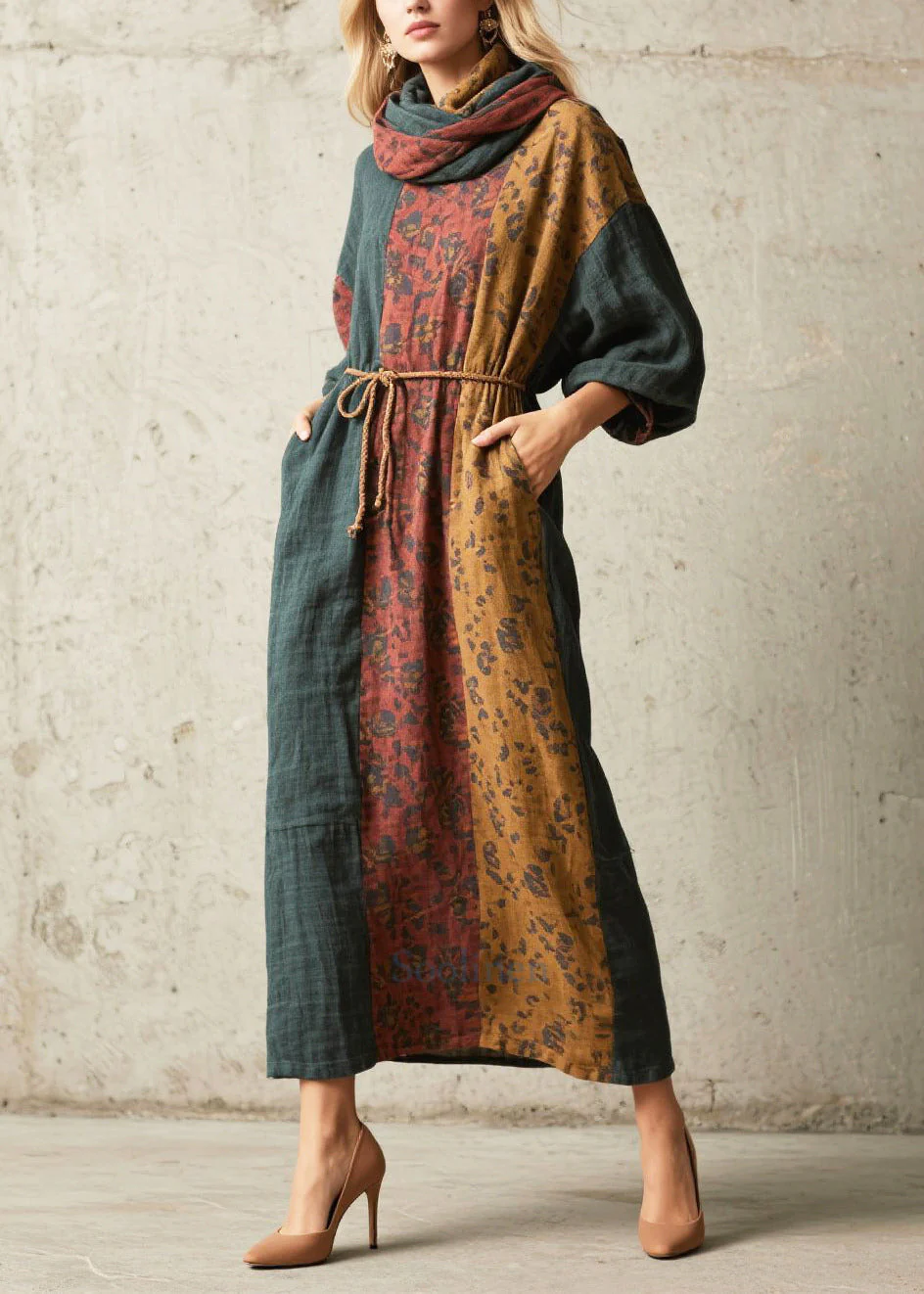 Handmade Tea Green Tunic Patchwork Cotton Holiday Dress Fall - Image 3