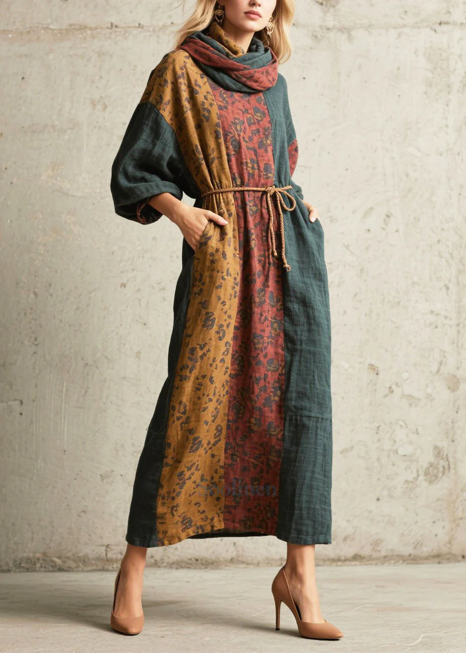 Handmade Tea Green Tunic Patchwork Cotton Holiday Dress Fall - Image 5