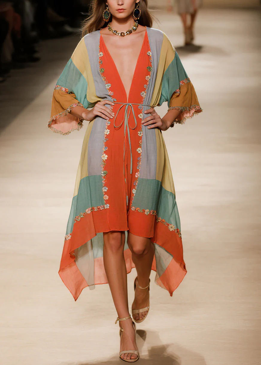 Handmade V Neck Asymmetrical Design Floral Cotton Dress Summer - Image 3