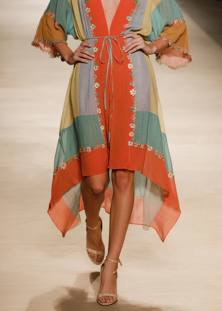 Handmade V Neck Asymmetrical Design Floral Cotton Dress Summer - Image 4