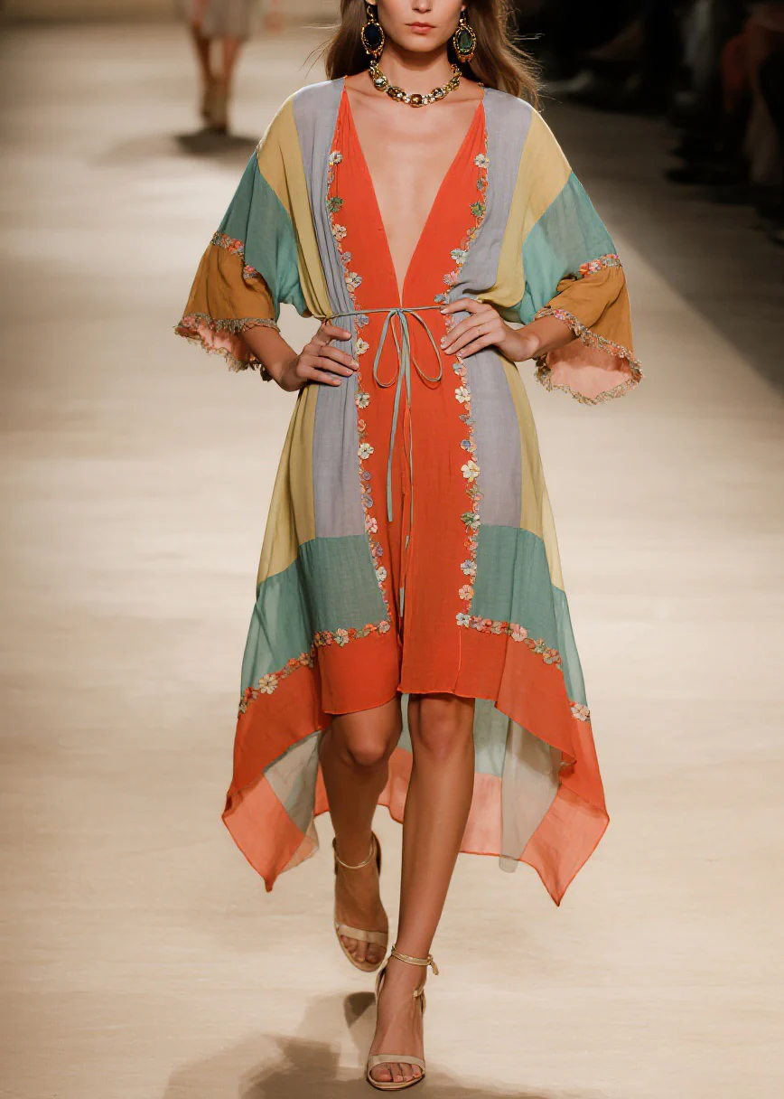 Handmade V Neck Asymmetrical Design Floral Cotton Dress Summer - Image 5