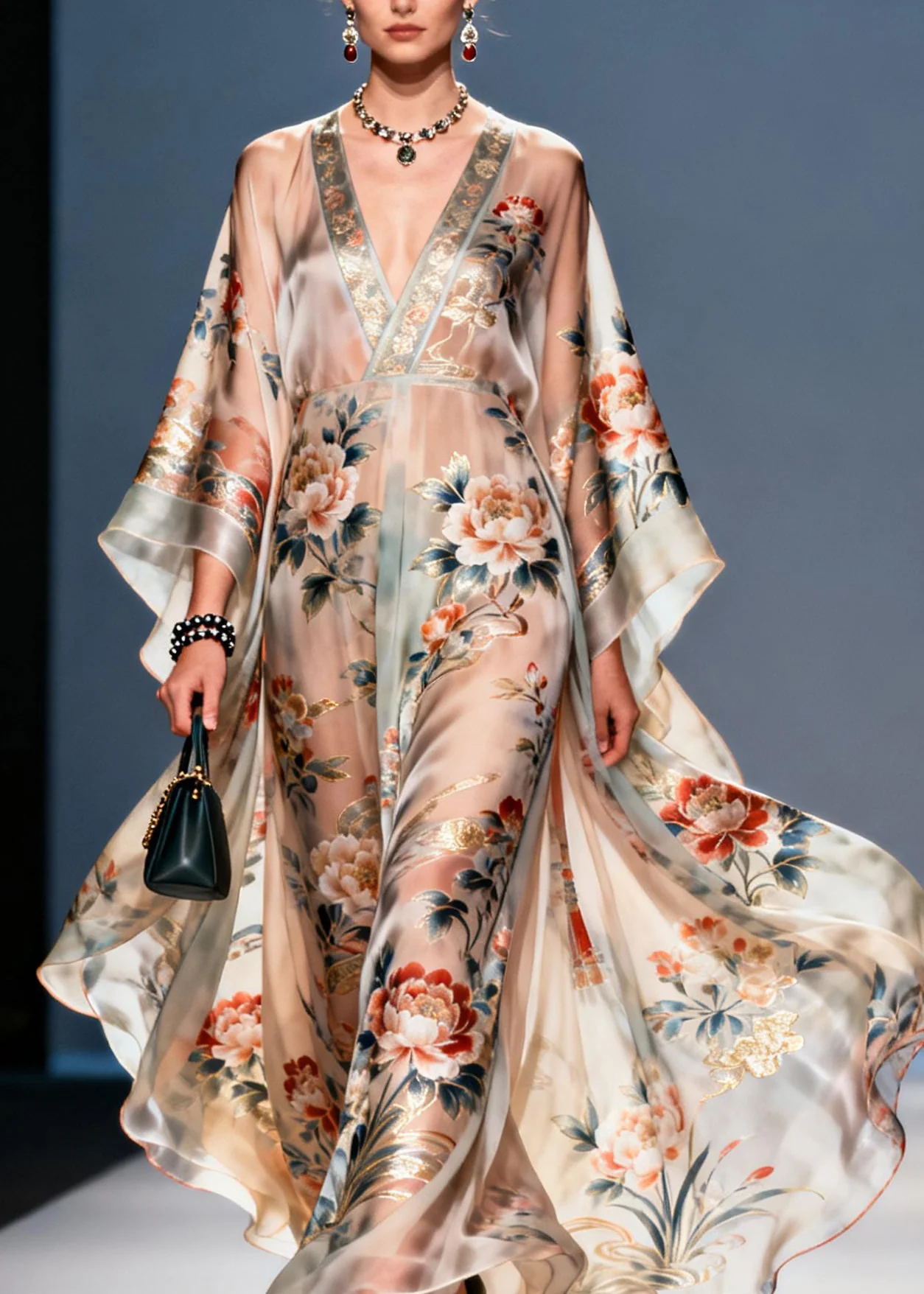 Handmade V Neck Print Chiffon Vacation Dresses Summer - Image 2