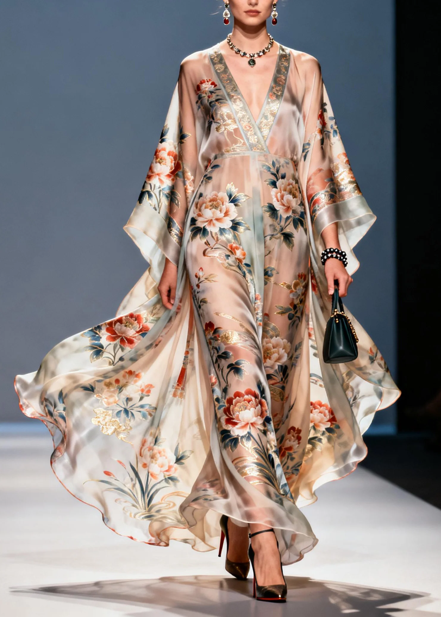 Handmade V Neck Print Chiffon Vacation Dresses Summer - Image 3