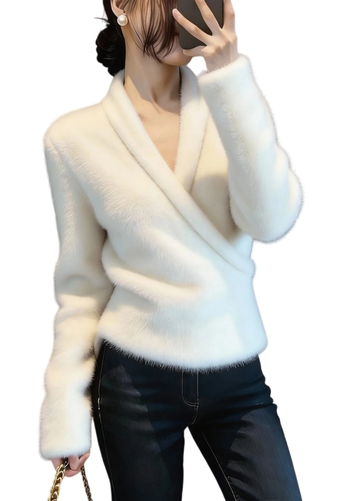 Handmade White Asymmetrical Mink Hair Knitted Sweater Tops Winter - Image 5