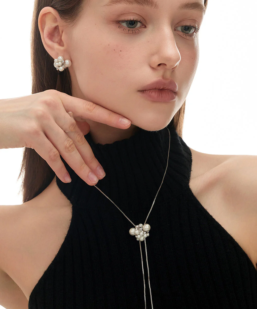 Handmade White Copper Overgild Zircon Pearl Retractable Sweaters Lariat Necklace - Image 2