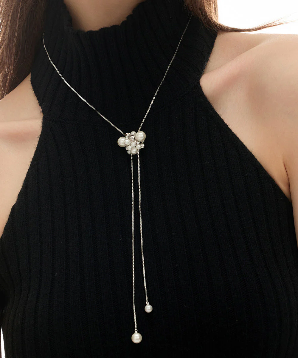 Handmade White Copper Overgild Zircon Pearl Retractable Sweaters Lariat Necklace - Image 3
