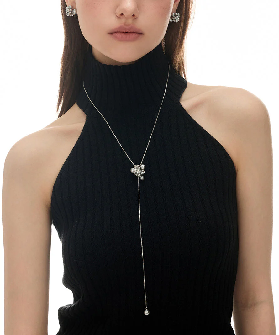 Handmade White Copper Overgild Zircon Pearl Retractable Sweaters Lariat Necklace - Image 4