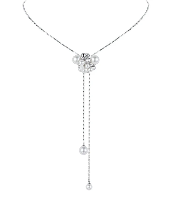 Handmade White Copper Overgild Zircon Pearl Retractable Sweaters Lariat Necklace - Image 5