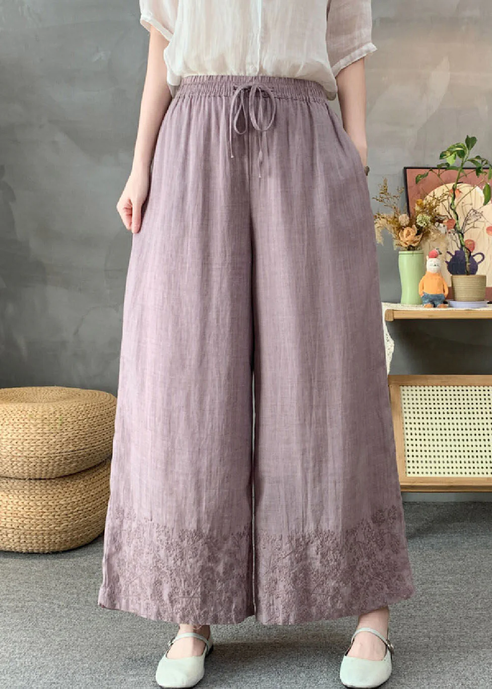 Handmade White Elastic Waist Tie Waist Linen Wide Leg Pants Summer - Image 3