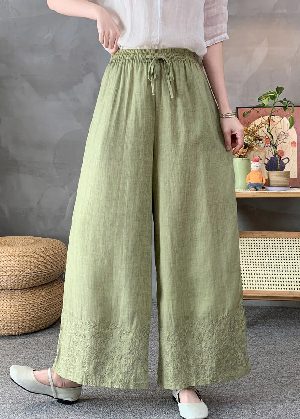 Handmade White Elastic Waist Tie Waist Linen Wide Leg Pants Summer - Image 4